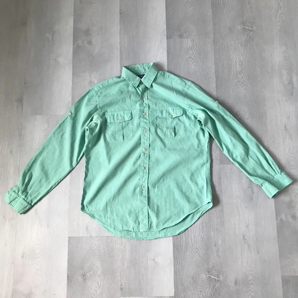 POLO RALPH LAUREN LINEN SHIRT GREEN LONG SLEEVE BUTTON MENS LARGE